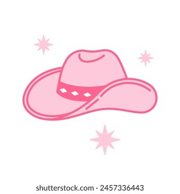 Pink core Cowboy hat. Cowboy western and wild west theme concept. Hand drawn vector illustration. Doodle icon. Pink cowgirl hat