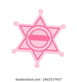 Pink core Cowboy sheriff star shaped badge. Cowboy western and wild west theme concept. Hand drawn vector illustration. Doodle icon. Pink cowgirl sheriff star shaped badge