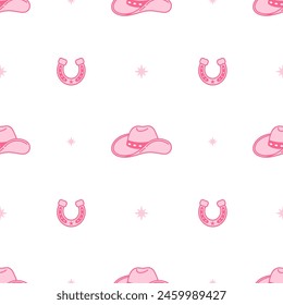 Pink core horseshoe and Cowboy hat. Cowboy western and wild west theme seamless pattern. Vector illustration, white background. Cartoon style. Wild west texture