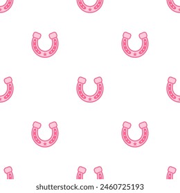 Pink core horseshoe. Cowboy western and wild west theme seamless pattern. Hand drawn vector illustration. Doodle icon. Vector texture. Doodle Pink horseshoe