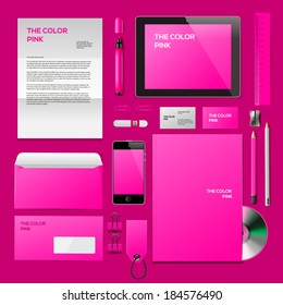 Pink Corporate ID mockup. Consist of business cards, cd disk, notepad, pen, envelope, badge, stationery, usb flash drive, folder, tablet, smart phone, blank. Vector illustration. 