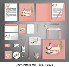 Pink corporate identity template with floral ornament in the style of minimalism.