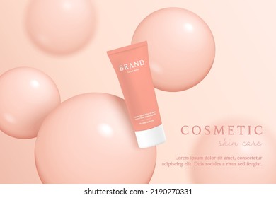 Pink cosmetic 3d background with drop of liquid bubble.