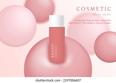 Pink cosmetic 3d background with drop of liquid bubble.