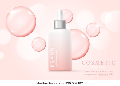 Pink cosmetic 3d background with drop of liquid bubble and lights.