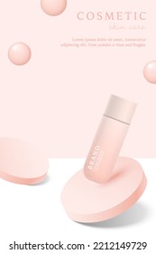 Pink cosmetic 3d background with drop of liquid bubble.