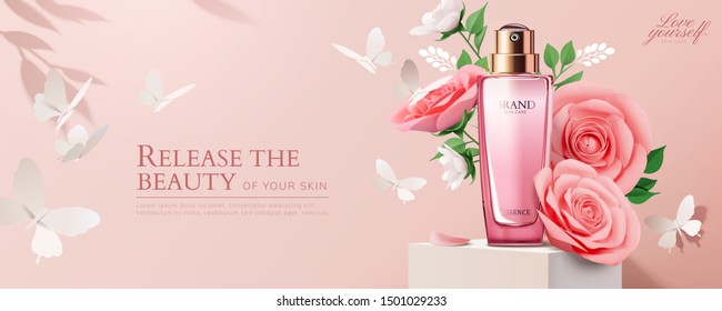 Pink cosmetic ads with paper roses on square podium in 3d illustration