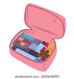Saco cosmético rosa aberto e cheio de vários itens de maquiagem como batom, sombra e escovas ideais para beleza e conteúdo de moda.
