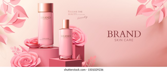 Pink cosmetic banner ads with product and paper roses on podium in 3d illustration