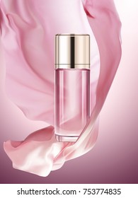 Pink cosmetic bottle mockup, blank glass container with chiffon elements