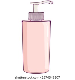 Pink cosmetic bottle with pump dispenser. Package for liquid gel, soap, lotion, cream, shampoo. Colored plastic bottle isolated on white. Simple vector color illustration