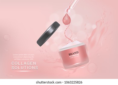 Pink cosmetic container with advertising background ready to use, liquid splash skin care ad, vector illustration.