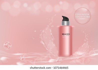 Pink cosmetic container with advertising background ready to use, liquid splash skin care ad, vector illustration.	