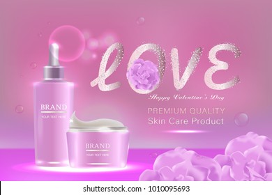 Pink cosmetic containers with advertising background ready to use, valentines concept skincare ad. Illustration vector.