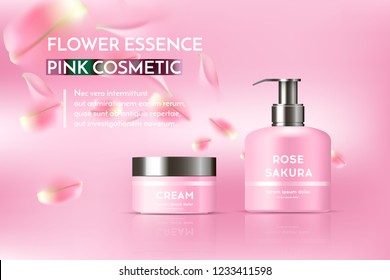 Pink cosmetic poster design with realistic tubes for skin care cream on a pink background with flower petals, rose sakura