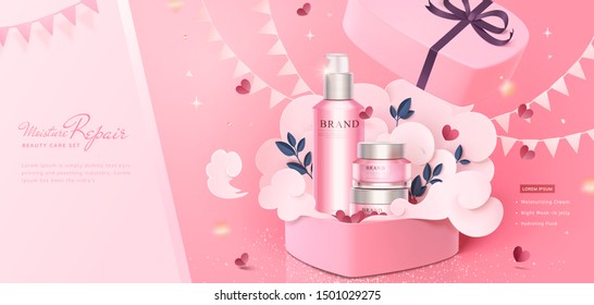 Pink Cosmetic Skincare Set In Paper Heart Shape Gift Box With Flags And Glitter Effect, 3d Illustration