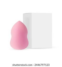 Pink Cosmetic Sponge With Packaging Box, Isolated On White Background. Vector Illustration