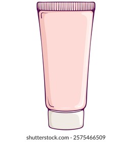 Pink cosmetic tube with cream for hands, feet, face or body. Moisturizing and skin care product. Colored plastic bottle isolated on white. Simple vector color illustration