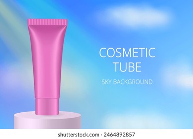 Pink cosmetic tube on a podium. Realistic mockup. Ointment or salve. Gel serum. Korean packaging. Sky, clouds, rays of light and rainbow	