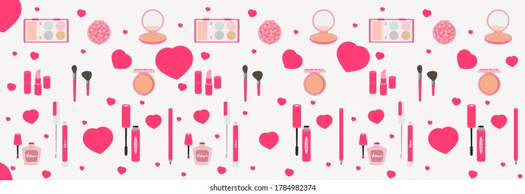 Pink cosmetics on a light background. Lipstick, powder, shadows, varnish, mirror. Banner for beauty salon.