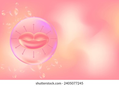 Pink cosmetology background. Lips injection of hyaluronic acid, plump lips with arrows. Perfect for beauty infographics, aesthetic cosmetology.