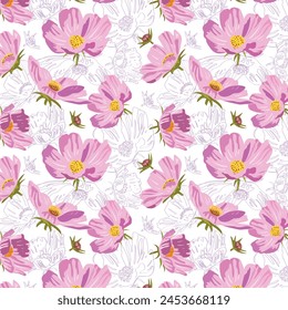 Pink cosmic flowers blooming on a white background. Floral seamless pattern with pink flowers. Vector background for fabric, wallpaper, decoration, textile, wrapping paper.