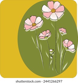 Pink cosmos vector illustration on green and yellow background stock illustration. Daisy flower background.