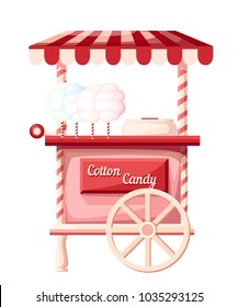 Pink cotton candy cart kiosk on wheels portable store idea for festival vector illustration isolated on white background web site page and mobile app design