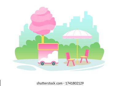 Pink cotton candy cart kiosk on wheels, cartoon candyfloss store on city street vector illustration. Sugar floss maker isolated on white background. Food festival in park. Holiday banner poster.