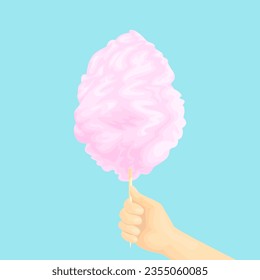 Con caramelos de algodón rosa sobre un fondo azul. Ilustración de dibujos animados.