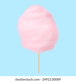 Algodón rosa de caramelo en un palo sobre un fondo azul. Ilustración vectorial