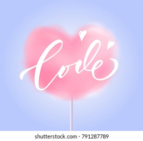 Pink cotton candy on stick.  Beautiful romantic background. Vetor illustration