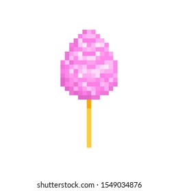 Pink cotton candy, pixel art icon isolated on white background. 8 bit funfair, festival, amusement park,market,party treat symbol. Old school vintage retro 80s, 90s slot machine/video game graphics.