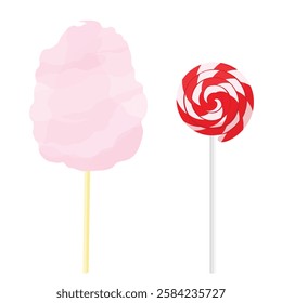 Pink cotton candy and swirl round candy lollipop on wooden stick isolated on white background. Vector illustration