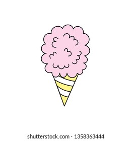 Pink cotton candy vector graphic illustration. Candy floss in cone, outlined icon.  