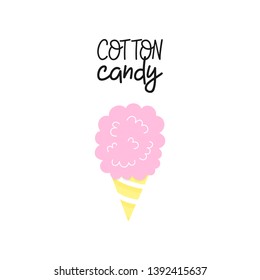 Pink cotton candy vector graphic illustration with writing. Candy floss in yellow striped cone, icon. Isolated.