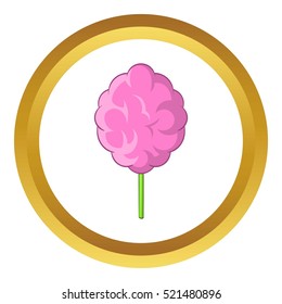 Pink cotton candy vector icon in golden circle, cartoon style isolated on white background