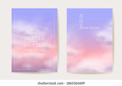 Invitación a la boda de nubes de algodón rosa. Diseño de vectores de fondo pastel mágico. Los pastel de lujo ahorran la fecha. Juego de tarjetas de ilustraciones de plantillas de nube Fluffy