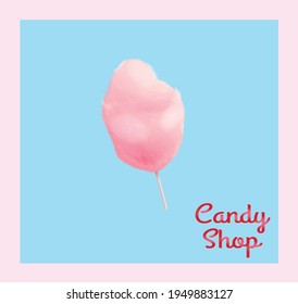 Pink cotton wool. Realistic sugar cloud with a wooden stick. Illustration of a vector isolated object on a blue background.