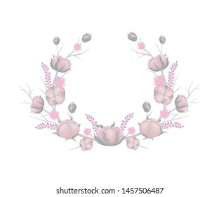 Pink cotton wreath. Vector illustration on white background.
