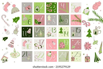 Pink countdown fot Christmas vector graphic set. Pastel advent calendar with numbers 1 to 25. Winter stickers and clipart for sublimation and stocking.