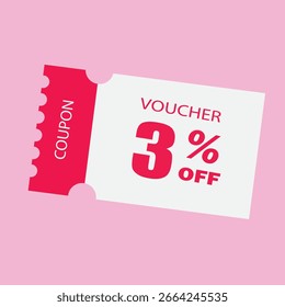 Voucher de Cupón rosa - Ilustración vectorial plana de 3% de descuento en el boleto, etiqueta de oferta especial, etiqueta de venta promocional y diseño de certificado de regalo aislado en blanco. Perfecto para ventas promocionales, mercado