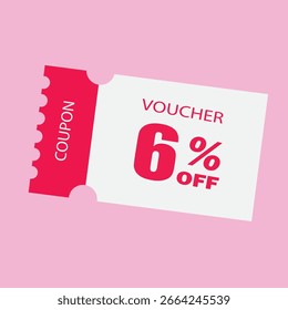 Pink Cupom Voucher - Ilustração de Vetor Plano de 6% Fora Bilhete de Desconto, Etiqueta de Oferta Especial, Etiqueta de Venda Promocional, e Projeto de Certificado de Presente Isolado em White.Perfect para vendas promocionais, mercado