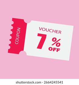 Voucher de Cupón rosa - Ilustración vectorial plana de 7% de descuento en el boleto, etiqueta de oferta especial, etiqueta de venta promocional y diseño de certificado de regalo aislado en blanco. Perfecto para ventas promocionales, mercado