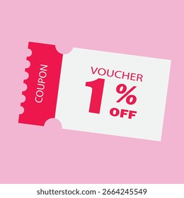 Voucher de Cupón rosa - Ilustración vectorial plana de 1% de descuento en el boleto, etiqueta de oferta especial, etiqueta de venta promocional y diseño de certificado de regalo aislado en blanco. Perfecto para ventas promocionales, mercado