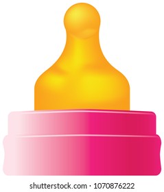 Pink cover for bottle with rubber pacifier, bottle for feeding the girl.
