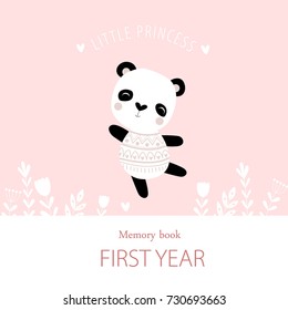 The pink cover of the photo album for girls "our little princess" by a panda. Poster, postcard, metric. Memory book for photos.
