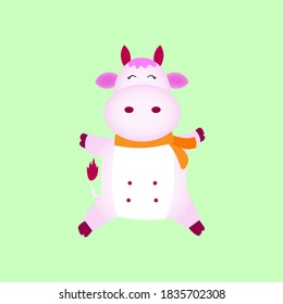 Pink cow with scarf isolated on background flat illustration vector