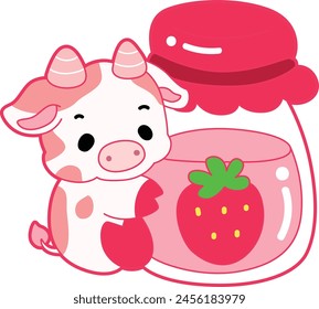 Pink Cow Strawberry Milk Vector Icon. Pink cute dairy calf cow farm animal. Cute funny cow pink character design.  Cute pink cow hugging a strawberry milk jar.