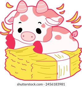 Pink Cow Strawberry Milk Vector Icon. Pink cute dairy calf cow farm animal. Cute funny cow pink character design. cows relaxing on hay.